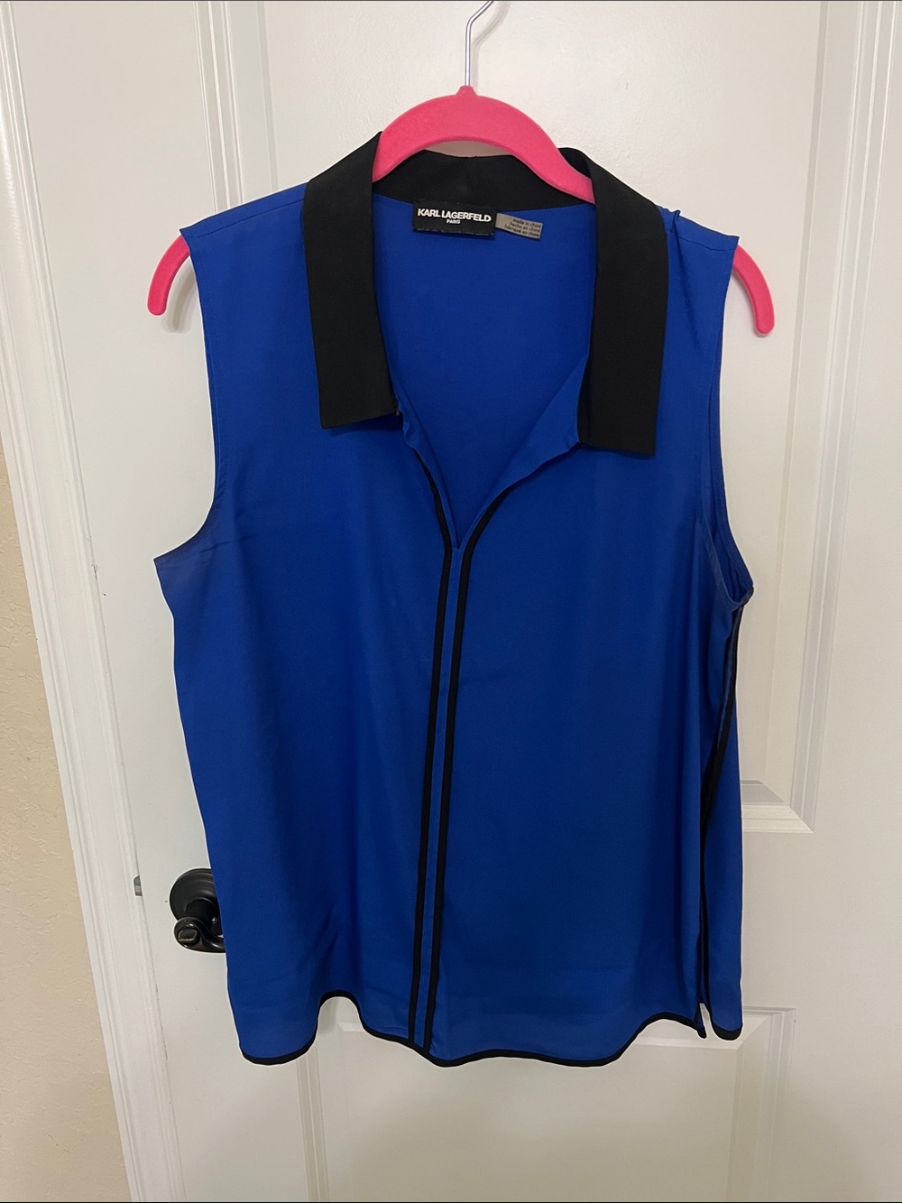 Karl Lagerfeld Royal Blue Sleeveless Collared Top with Black Trim